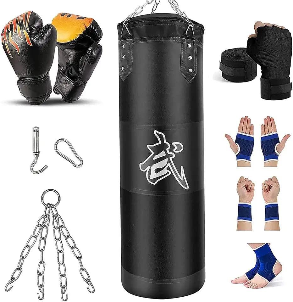 Schwerer Boxsack für Erwachsene Jugendliche Kinder mit Indoor/Garten Boxsack Ungefüllter Boxsack Set mit Boxhandschuhen, Wraps, Kette, Deckenhaken für MMA, Kickboxen, Muay Thai, Karate, Taekwondo
