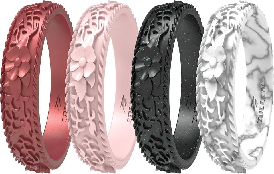 Silicone Wedding Rings for Women 1/4/7 Packs -Stackable Silicone Rubber Wedding Bands - Innovative Flower & Vine Collection