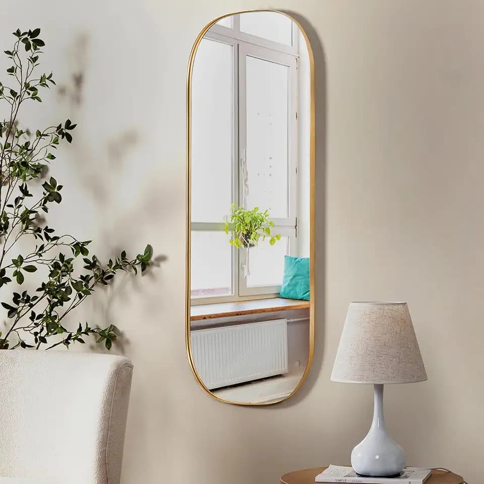 SHYFOY Ovaler Ganzkörperspiegel, lang, mit einzigartigem Metallrahmen, 120 x 45 cm, Groß Gold Spiegel Wandspiegel, Hängespiegel für Wand, Wohnzimmer, dekorative Schminkspiegel für Badezimmer