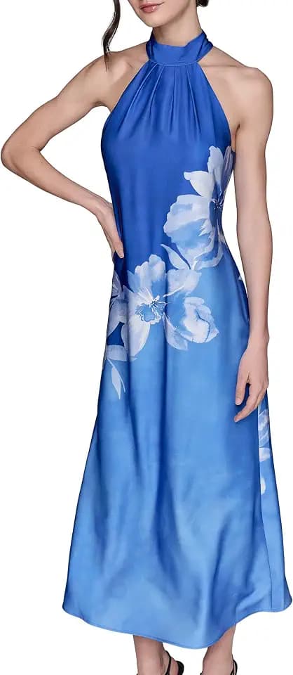 Karl Lagerfeld Women's Sleeveless Halter Neck Satin A-line Maxi Dress