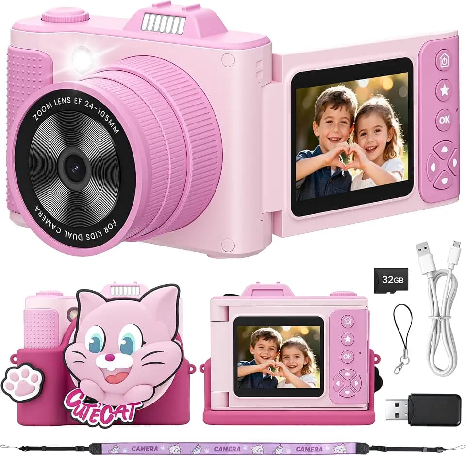 Kids Digital Camera for Girls Boys Age 3-10, My First Camera, 1080P HD Video, Toddler Camera Easy to Use, Shockproof Durable, Toys Gift for Kids Birthday Christmas with 32GB SD Card-Pink