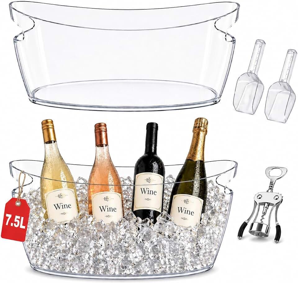 7.5L Ice Bucket for Parties, Set of 2 Beverage Ice Buckets with 2 Ice Scoops & Multifunction Bottle Opener, Large Drink Cooler Tub for Beer Wine Champagne, Plastic Beverage Tub for Bar BBQ Patio