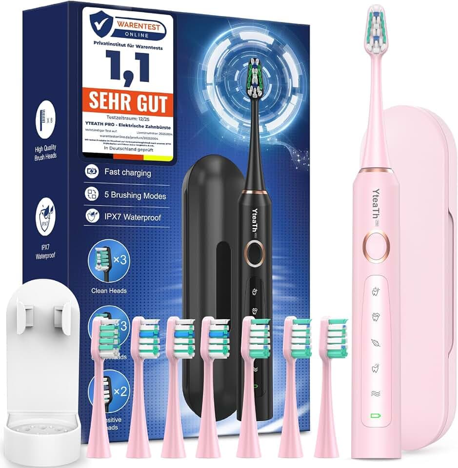 Elektrische Zahnbürste Schallzahnbürste für Erwachsene und Kinder - Electric Toothbrush mit 8 Bürstenköpfen (3 Typen) und 5 Modi. 90 Tagen Akkulaufzeit, 2 Minuten Smart Timer, Reiseetui