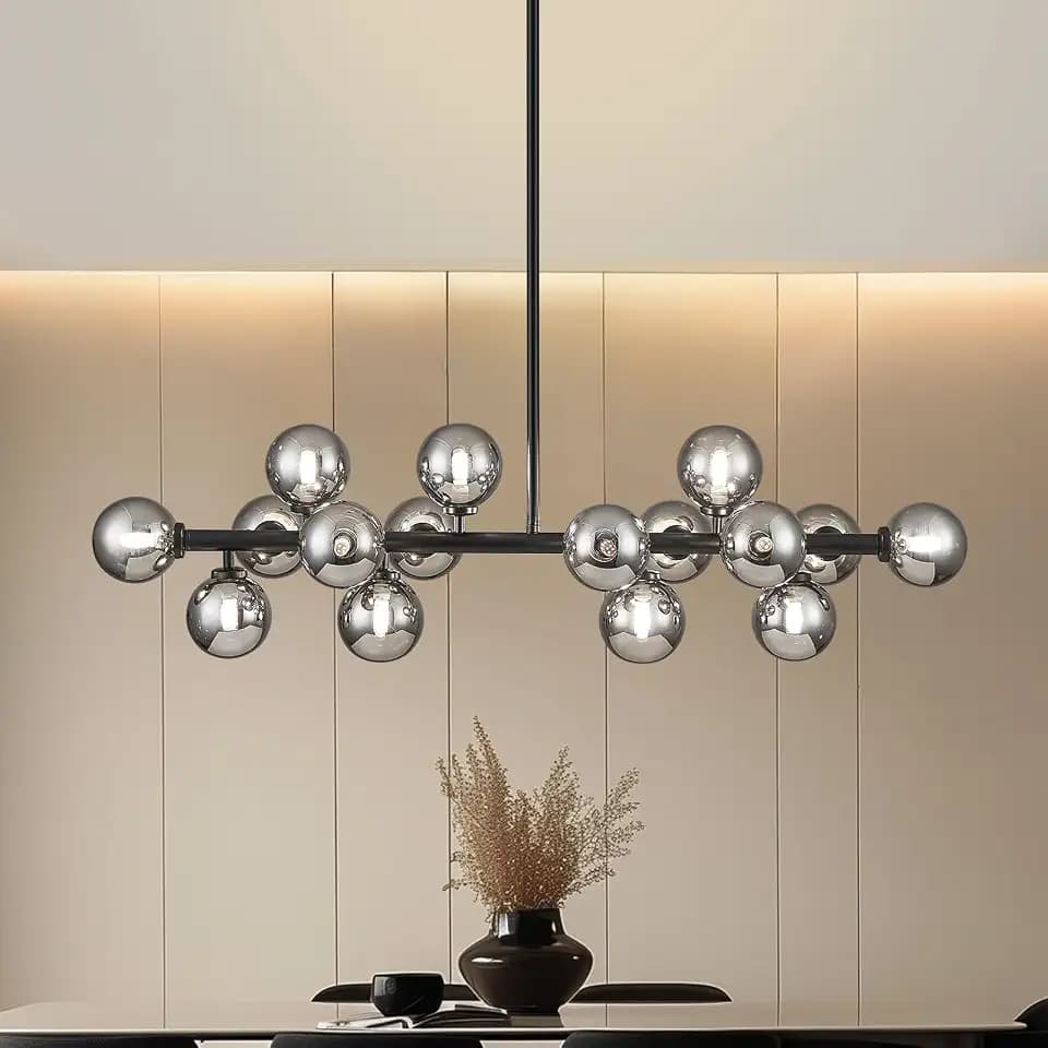 Glass Globe Sputnik Chandelier, 16-Light Mid Century Modern Light Fixture Over Table, Linear Chandeliers for Dining Room, Kitchen Island, Black and Smoke Grey Bubble, 40 Inch, GC-02