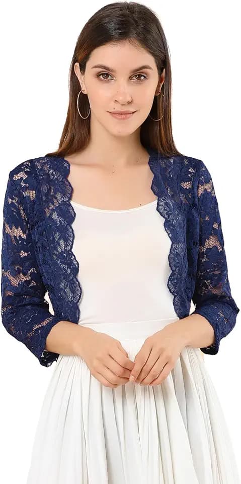 Allegra K Women's Elegant 3/4 Sleeve Sheer Floral Lace Shrug Top