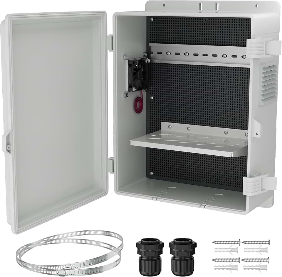Joinfworld White Outdoor Electrical Box Waterproof Nema Enclosure 16x11x6 Plastic WiFi Box with Fan Vented Dust Screen