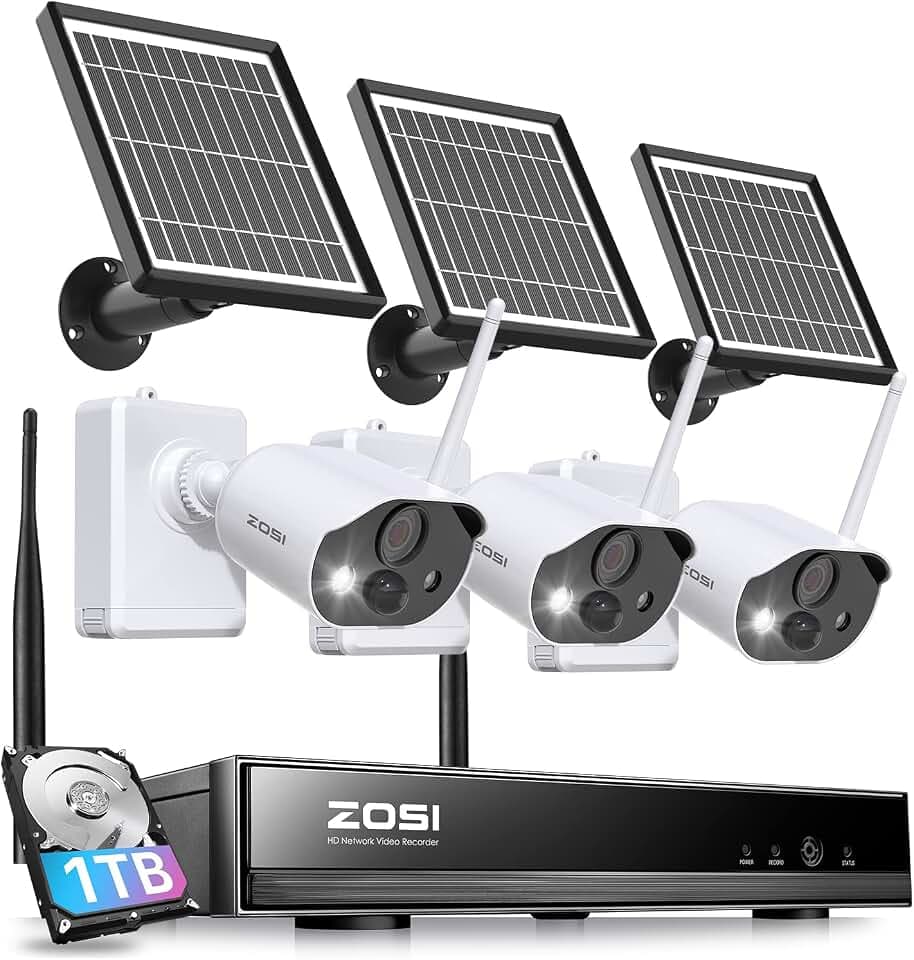 ZOSI 3MP Drahtlos Überwachungskamera Set mit Solarpanel, 3X WLAN Aussen Batteriekamera Set mit 8CH 1TB NVR, PIR-Bewegungsmelder, 2-Wege-Audio, Ton- und Lichtalarm, Farbige Nachtsicht, C306 Pro