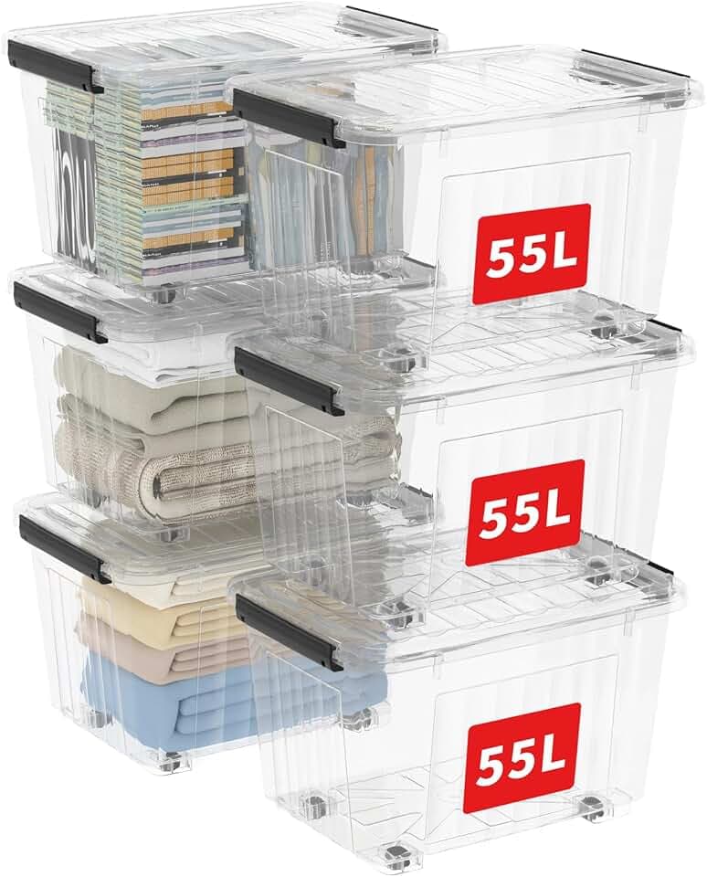 Cetomo 55L*6 Aufbewahrungsboxen, Rillen-verstärkte Kunststoffboxen mit Rollen & Deckeln, Stapelbare Aufbewahrungskiste, Ordnungsboxen für Zuhause und Büro, PP, Transparent, 55L (6er Pack)