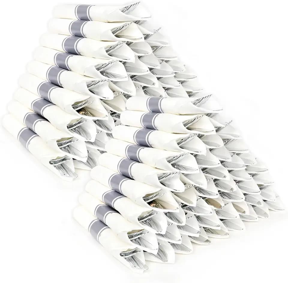 100 Pack Pre Rolled Silver Plastic Silverware Set with Napkins