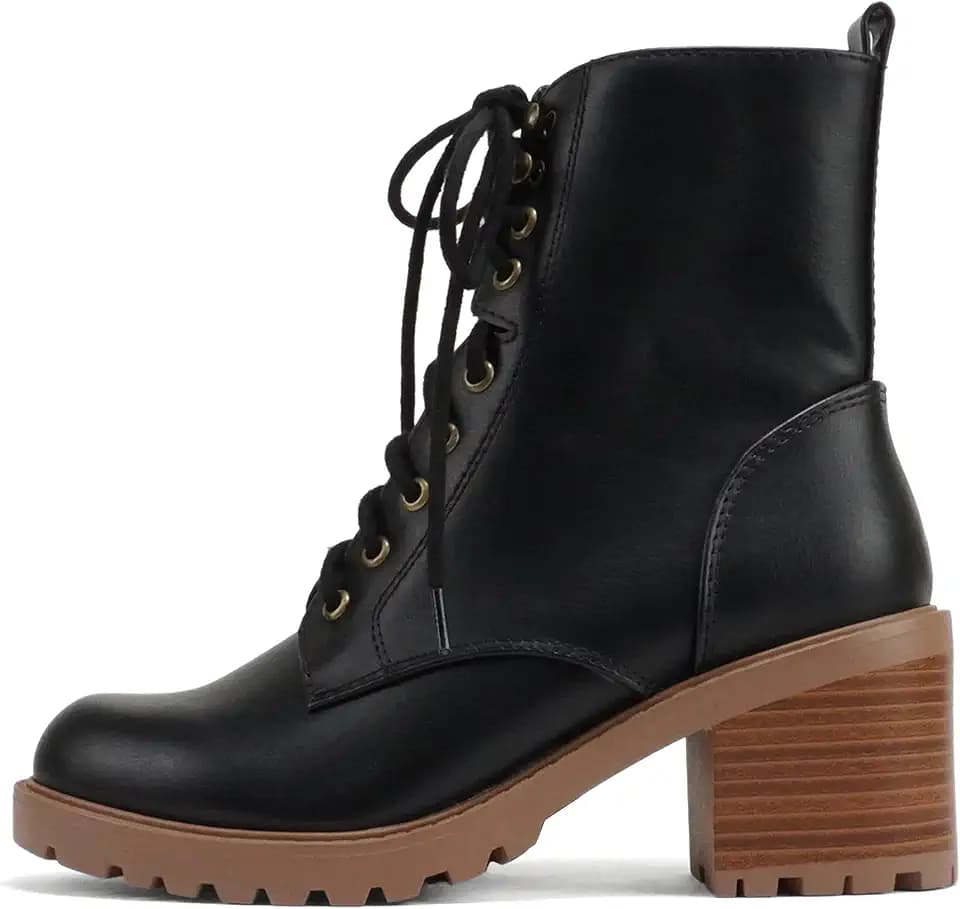 Soda “VELOUR” ~ Women Round Toe Lace-Up Lug Sole Medium Stack Heel Mid Shaft Combat Boot with Side Zipper