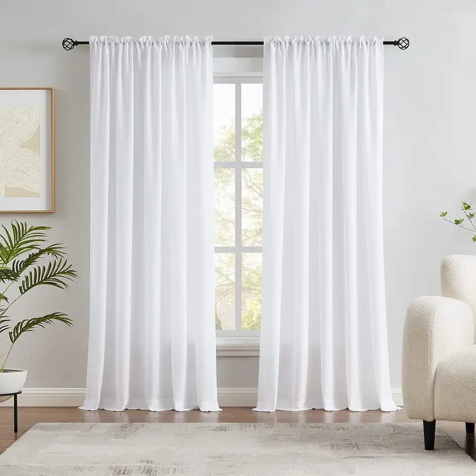 Melodieux White Velvety Semi Sheer Curtains 84 Inches Long for Bedroom, Living Room Elegant Soft Texture Rod Pocket Voile Drapes, 52 by 84 Inch (2 Panels)