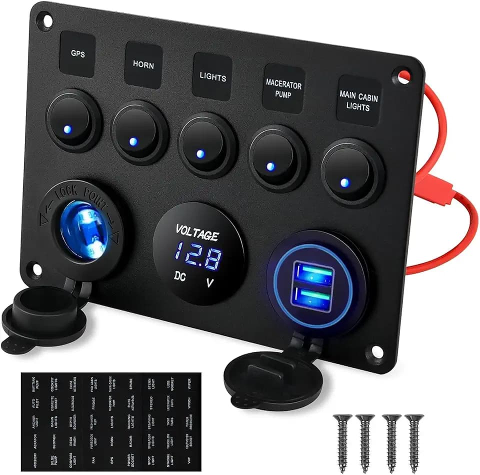 Gebildet 5-Gang-Multifunktions-5-Gang-Wippe-Dual-USB-Ladegerät + Digitales Voltmeter + 12V Steckdose, Vorverdrahtete Schalttafel mit Leistungsschaltern für Wohnmobil, Auto, Boot, LKW, Anhänger