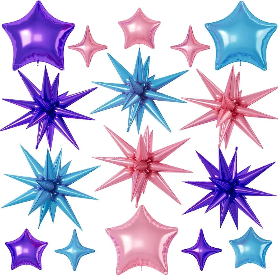 Pink Purple Blue Star Balloons,16Pcs 22/18/10 Inch Foil Mermaid Decor Set