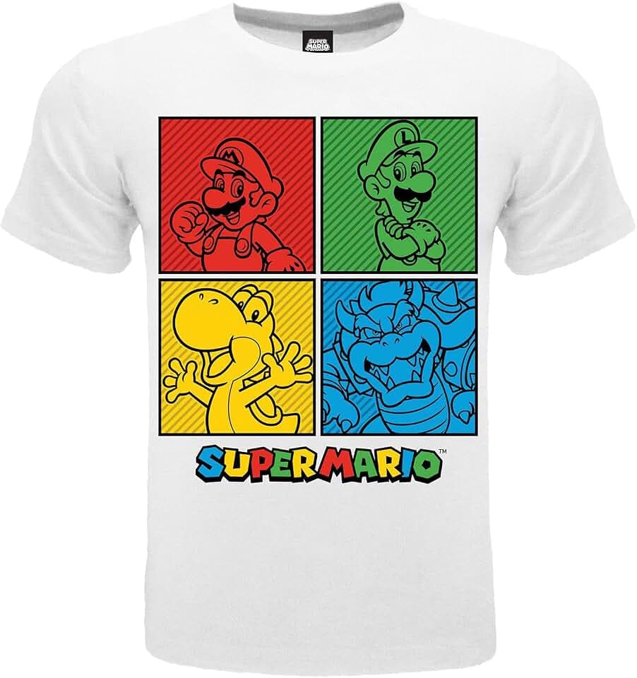 T-Shirt Super Mario Offizielles Mario Luigi Yoshi Bowser 4 Zifferblätter, Weiß, Original T-Shirt