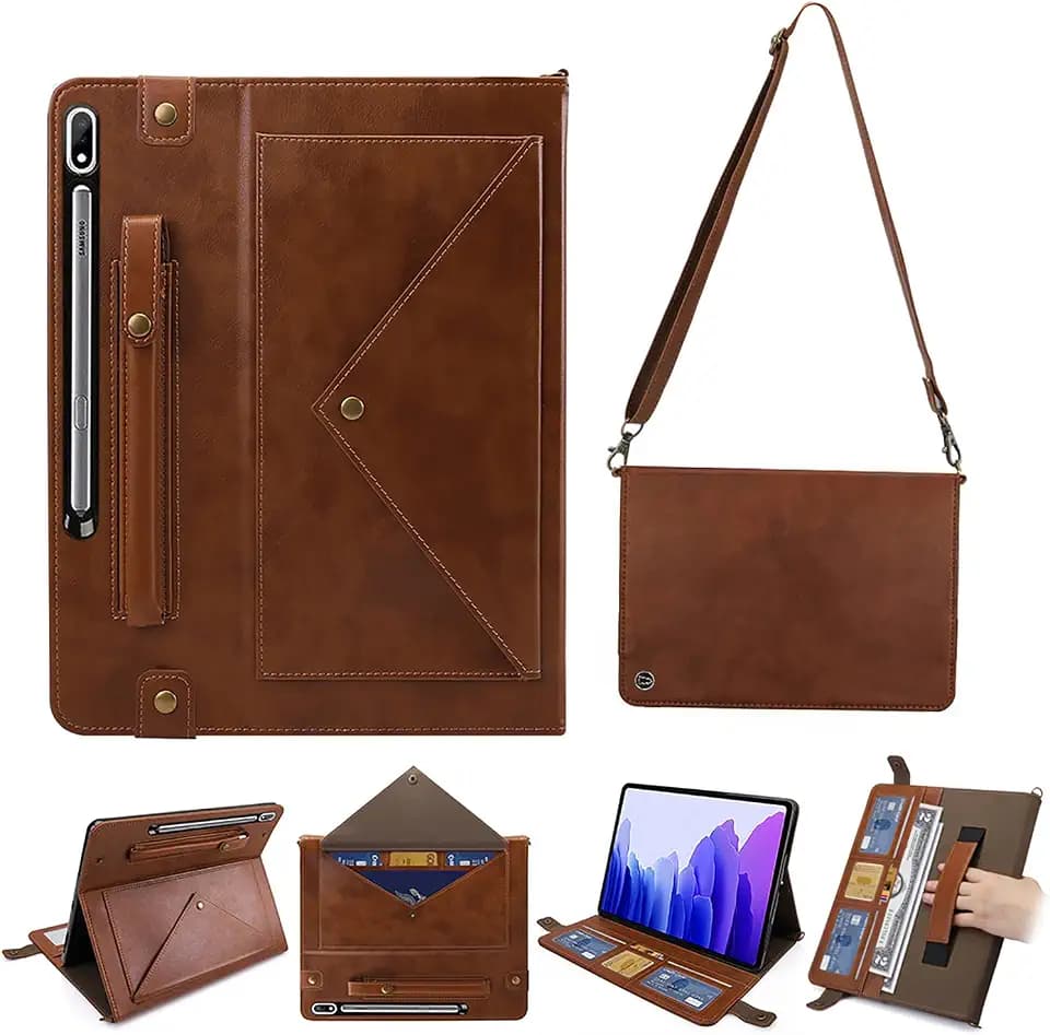 Tablet Carrying Shoulder Bag Case for Samsung Galaxy Tab S9 FE/S9/S8/S7 11", Retro PU Leather Hand Strap Crossbody Shoulder Strap Cards Holder Pocket S Pen Holder Stand Protective Case,Coffee