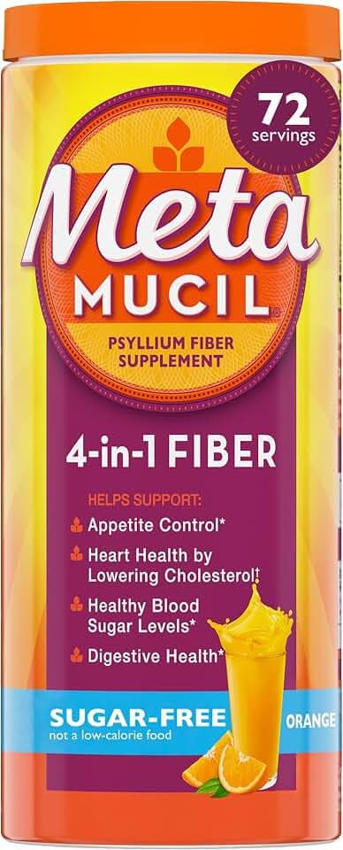Metamucil 4-in-1 Psyllium Husk GLP-1 Friendly Fiber Supplement, Sugar-Free, 72 teaspoons, Orange Flavored, Daily Fiber Powder for Digestive Health, made with Plant-Based Psyllium Husk Fiber