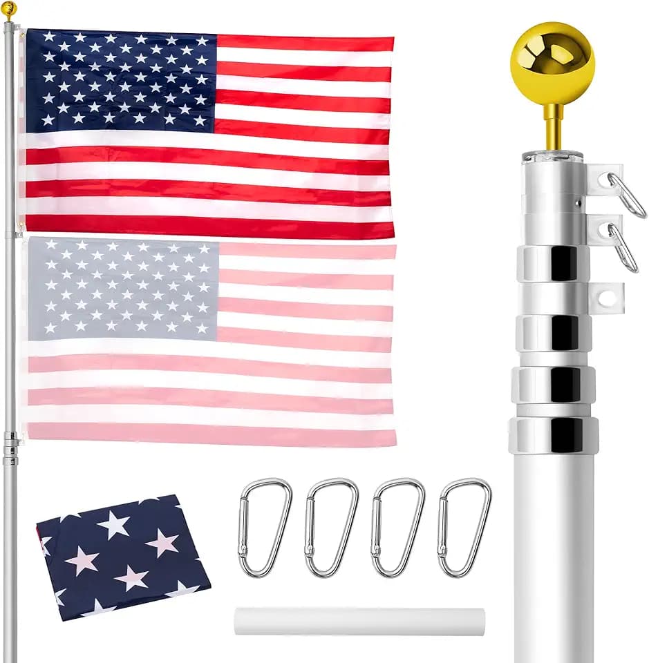 25FT Telescopic Flag Pole, Extra Thick In-ground Aluminum Flagpole Kit with 3x5 US Flag and Golden Ball Top, for Commercial Residential Outdoor Use, Fly 2 Flags