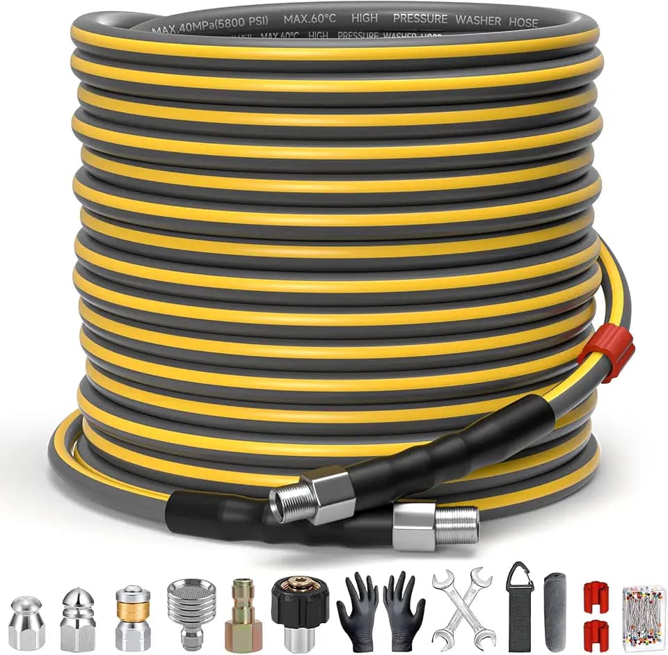 Sewer Jetter Kit for Pressure Washer, 5800PSI Drain Cleaner Hose 1/4 Inch NPT Corner,Showerhead,Rotating rotates,Mushroom Nose,Corner sewer nozzle(100FT)