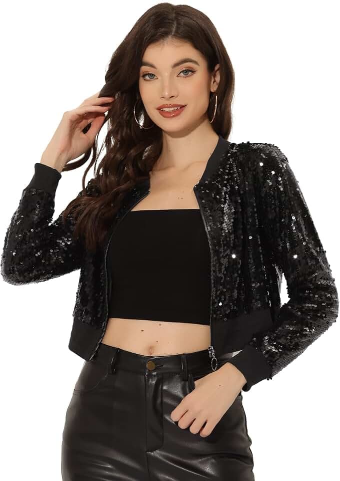 Allegra K Paillettenjacken für Damen, Bomber-Crop-Metallic, langärmeliges