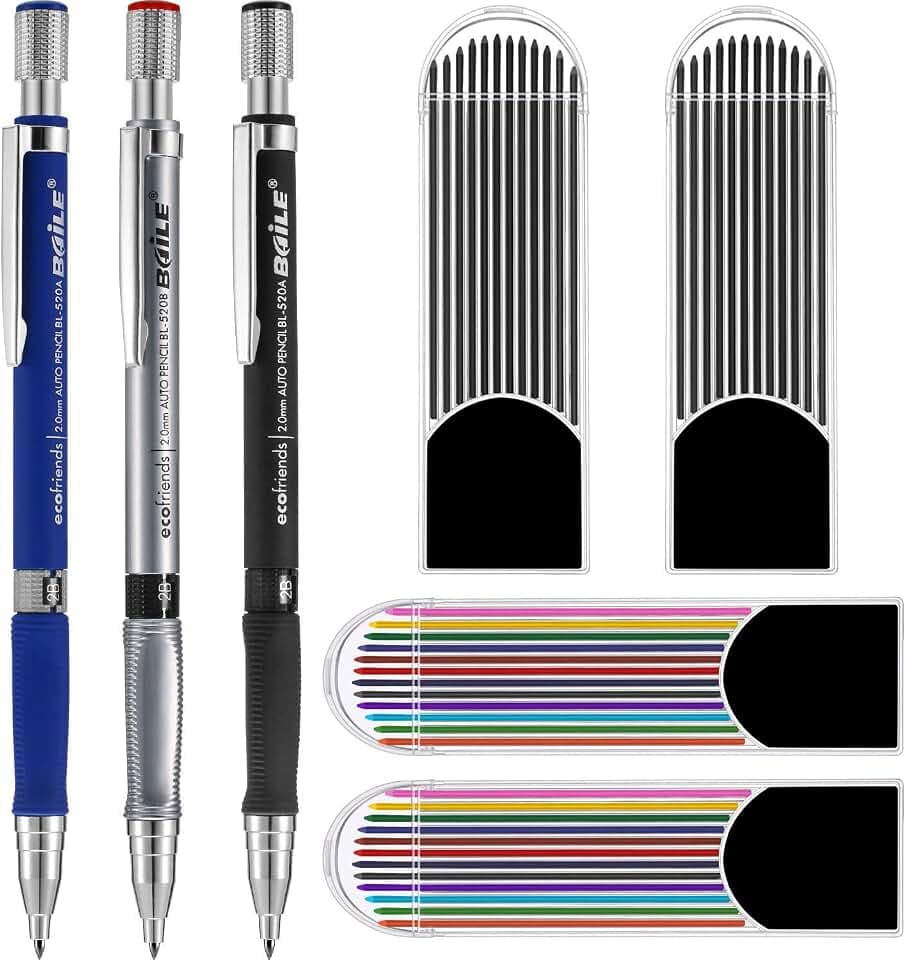 3pcs 2,0 mm Druckbleistifte mit Bonus 4 Cases Nachfüllungen, Farb- und Schwarzminen zum Zeichnen, Schreiben, Basteln, Kunstskizzieren, Tischler.
