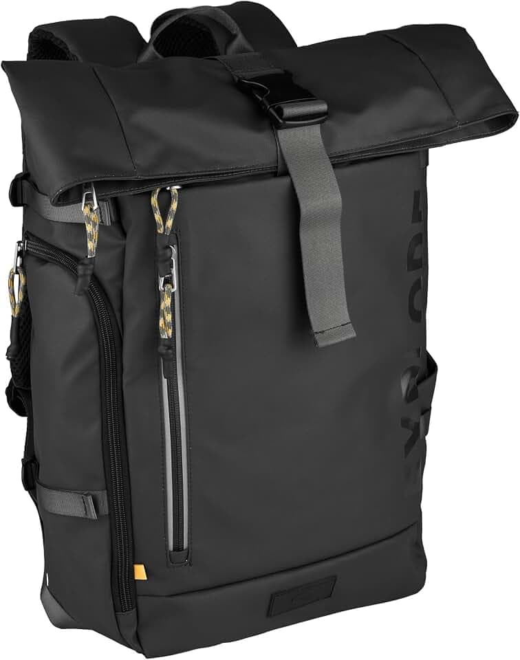 camel active Herren Explore Rolltop Rucksack aus recyceltem Nylon Schwarz, Menswear-L