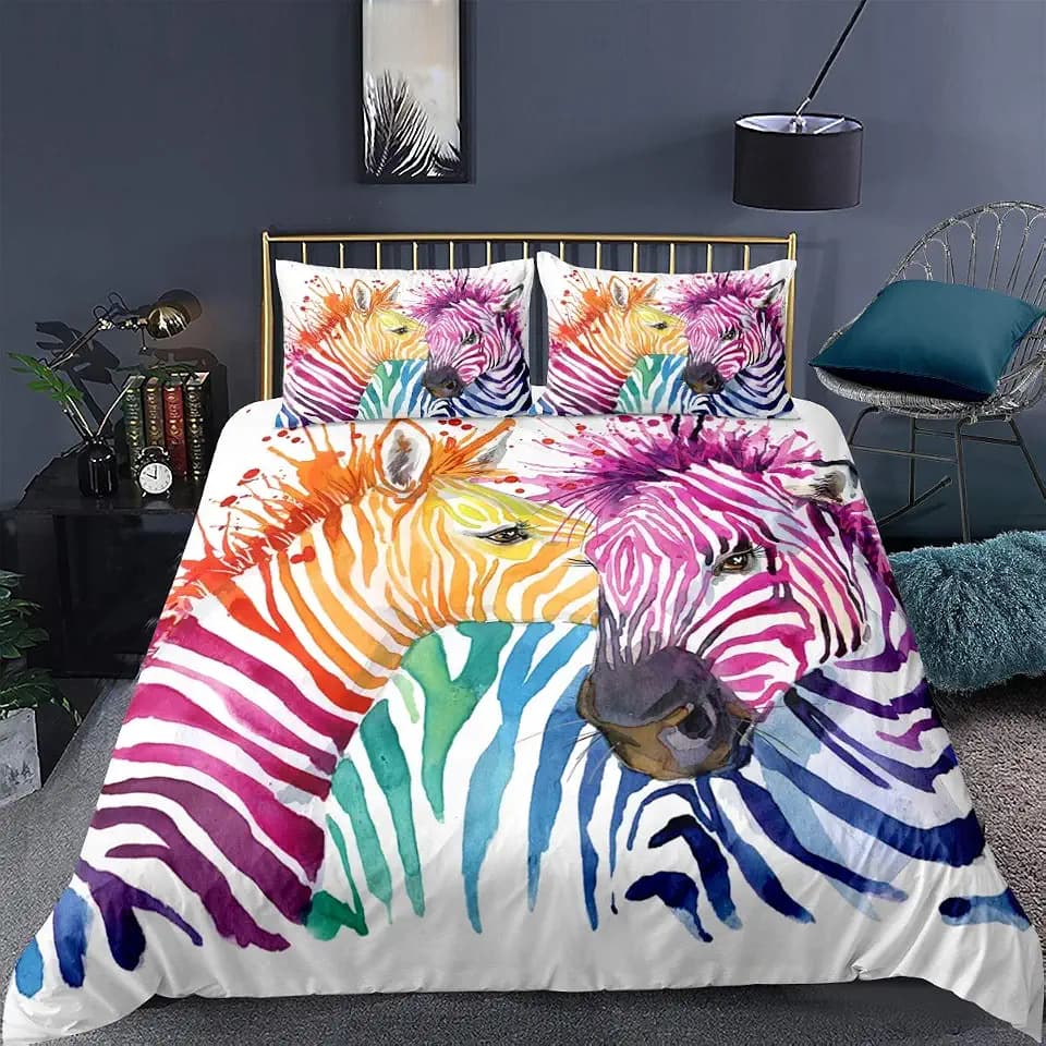 Buntes Zebra-Bettwäsche-Set für Kinder, Mädchen, Teenager, schönes buntes Tierthema, Bettbezug, Graffiti, Kunst-Dekor, Bettwäsche für Erwachsene, Männer und Frauen, 2-teilig