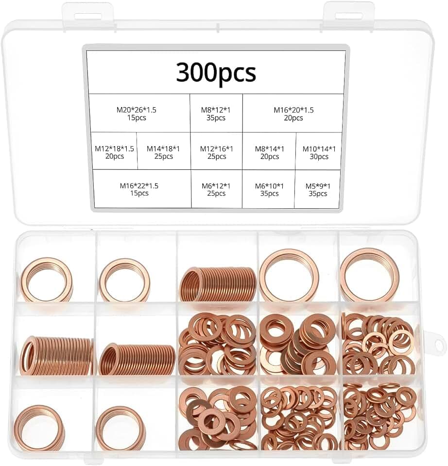 QWORK 300 Stück rote Kupferdichtungsringe Sortiment Set – 12 Größen M5-M20 metrische flache Unterlegscheiben, hohe Leitfähigkeit Ölablassschraube Dichtung Crush Washer Kit für Automobil-, Marine