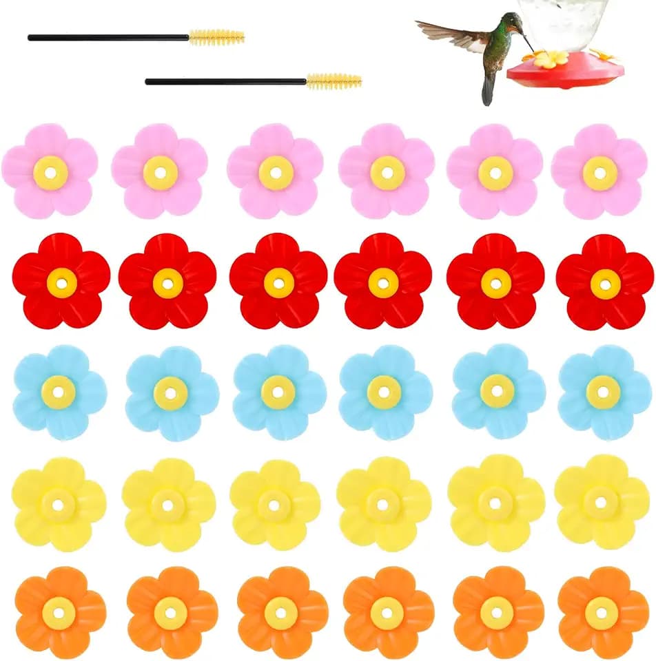 30pcs Hummingbird Feeders Replacement Flowers with 2 Cleaning Brush