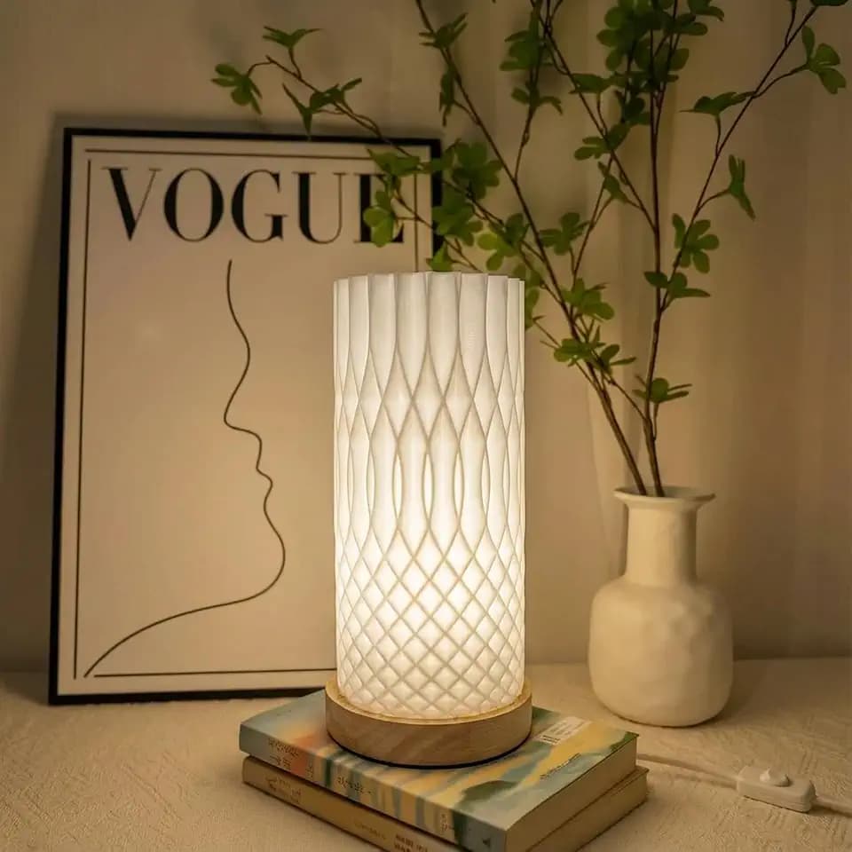 Small Bedside Lamp for Nightstand, 3D Printed Mini Table Lamp, 3 Color Temperatures Warm to Cool White, Cozy Small Lamp for Bedroom Dorm Tight Spaces, Ash Wood Base, 8.8 Inch Tall - Helix