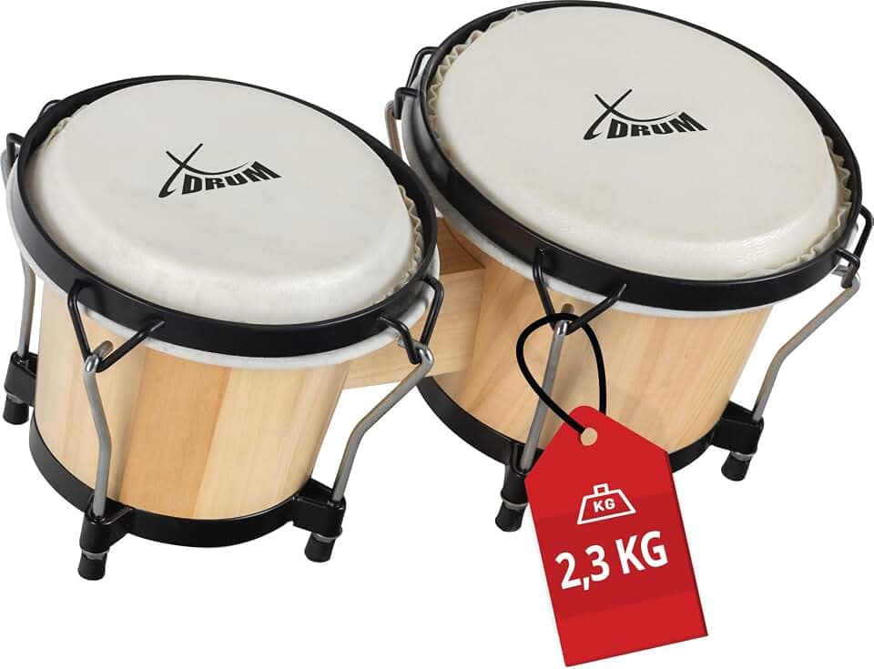 XDrum Bongos Club - 2 Trommeln mit 6" und 7" - Bongotrommeln mit stimmbaren Naturfellen und Stimmschlüssel - Holztrommeln Natur
