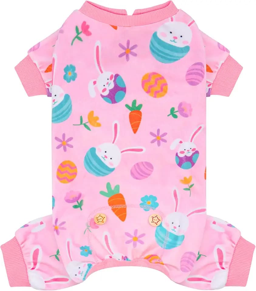 KYEESE Easter Dog Pajamas, Soft Dog Pajamas for Small Medium Dogs Girl, Stretchy Dogs Pjs Velvet Pet Jumpsuit with Eggs & Bunny Pattern, Comfy Lightweight Pet Outfit, Pink, XL