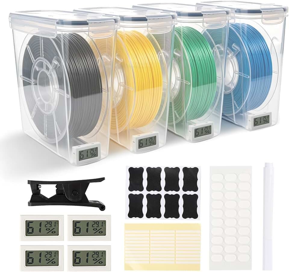 Filament Aufbewahrungsbox,4 Stück Filament Box für 3D Druck Filament Versiegelung und Schutz Tragbare Aufbewahrung mit Thermometer&Etiketten wasser- und staubdicht 4.0L