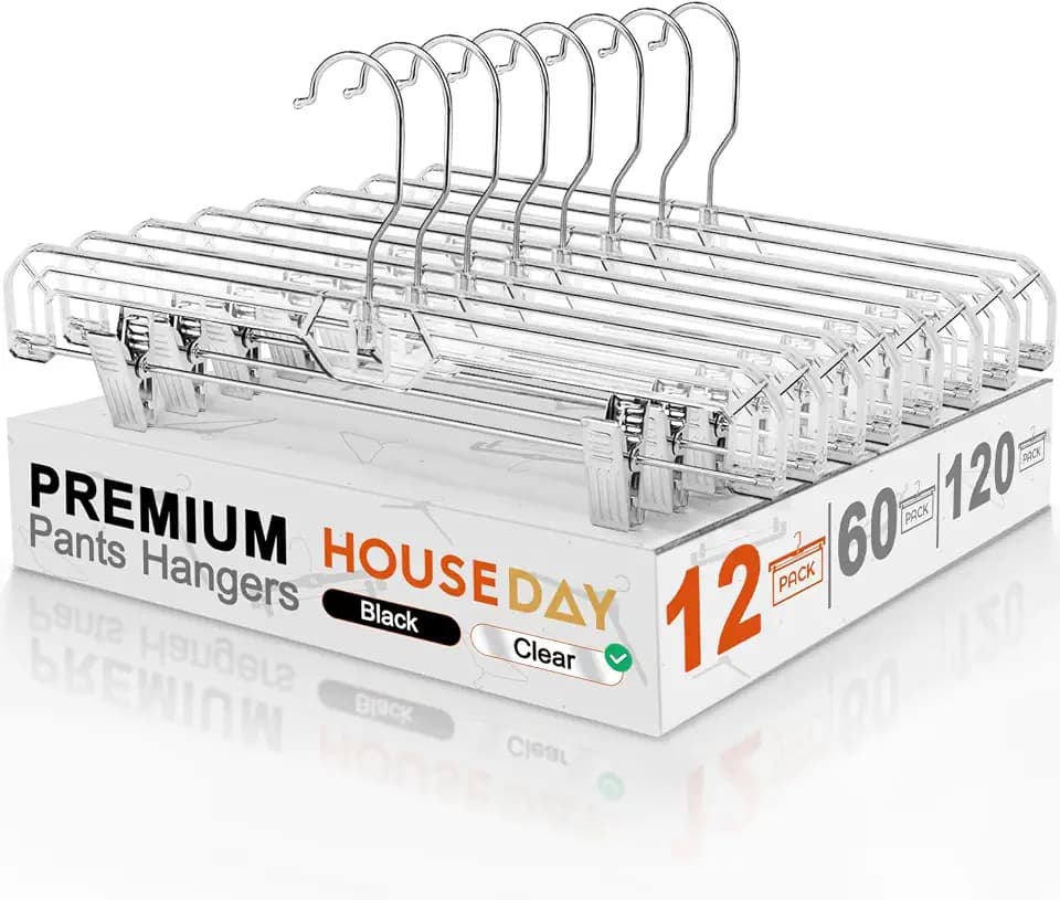 HOUSE DAY Clear Pants Hangers with Clips 12 Pack, Plastic Skirt Hangers