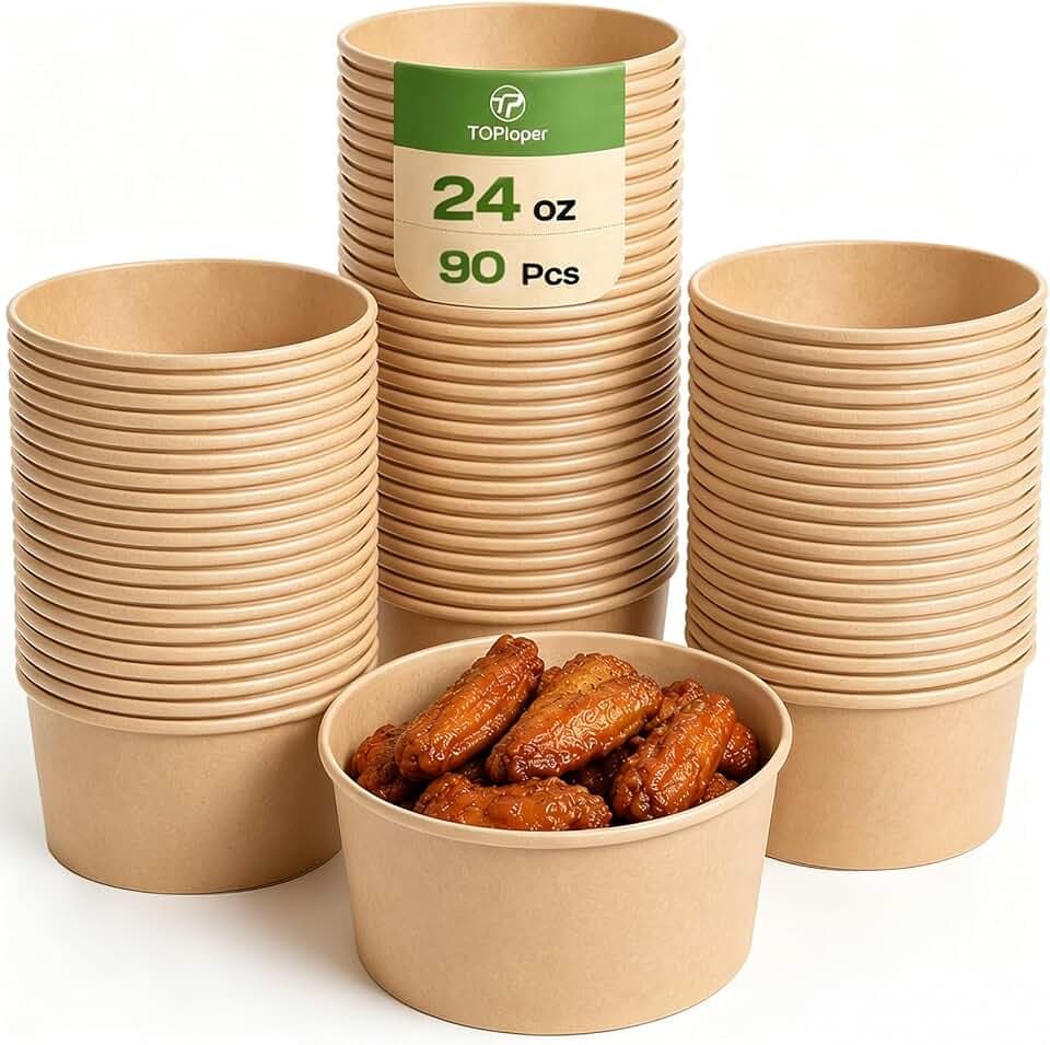 TOPtoper 24 Oz Large Paper Bowls【WITHOUT LIDS】 90 Pack Disposable Soup Bowls Plastic Free Party Supplies for Hot/Cold Food, Soup (24 OZ)