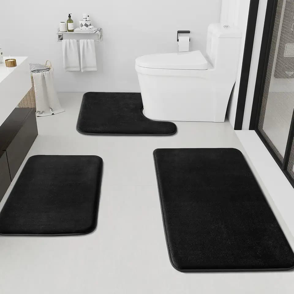 HUXMEYSON Bathroom Rugs Sets 3 Piece, Non-Slip & Quick Dry Bath Mat Set, Ultra Soft Velvet Bath Rugs for Bathroom, Toilet and Shower Floor, Black