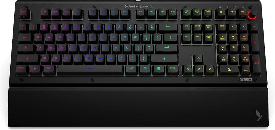 Das Keyboard X50Q Programmable RGB Mechanical Keyboard for Work & Gaming, Soft Tactile Mechanical Switches, Pre-Built Q Applets, Palm Rest, Volume Knob, Aluminum Top (104 Keys, Black)