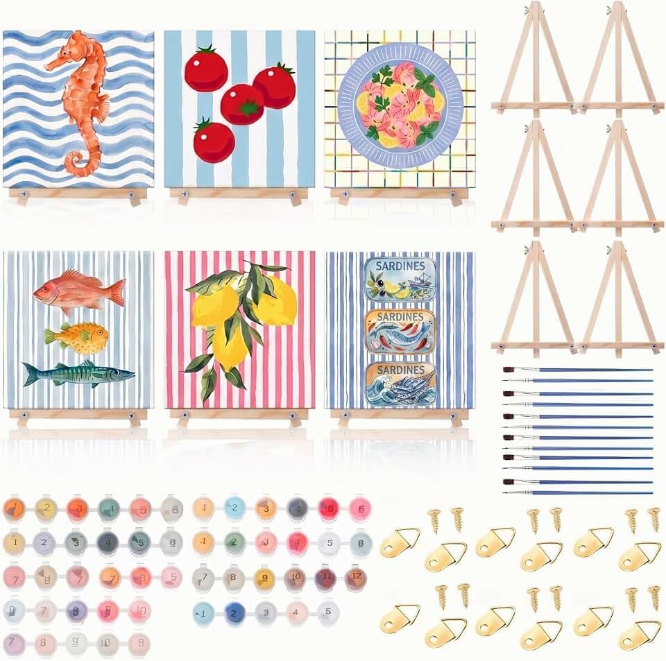 YooNotee 6 Pack Paint by Numbers Kit, 8x8 DIY Canvas with Easel Fish