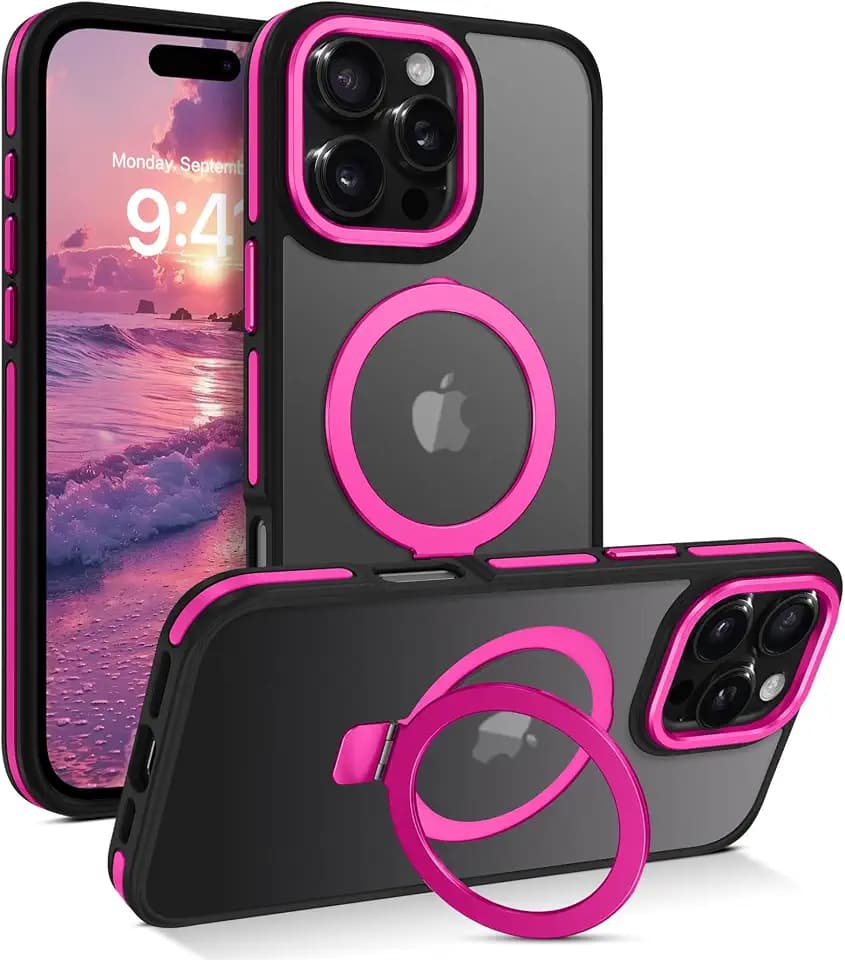YINLAI Case for iPhone 16 Pro Max, Magnetic [Compatible with Magsafe] with Ring Holder Kickstand Slim Translucent Matte Men Women Shockproof Protective Back Phone Cover 6.9 Inch, Hot Pink/Black