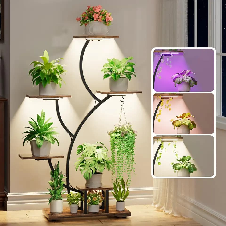 Yzosvki Plant Stand Indoor with Grow Lights, 6 Tiered Large Plant Shelf Flower Stand, Tall Plant Shelves for Living Room, Patio, Corner, Heavy Duty, Rustic Brown and Black