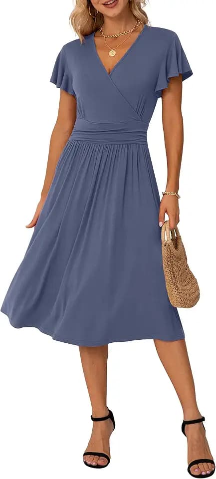 GRECERELLE Sommer-Herbstkleid für Damen, lässig, Rüschen, kurz/langärmelig, Wickelkleid, V-Ausschnitt