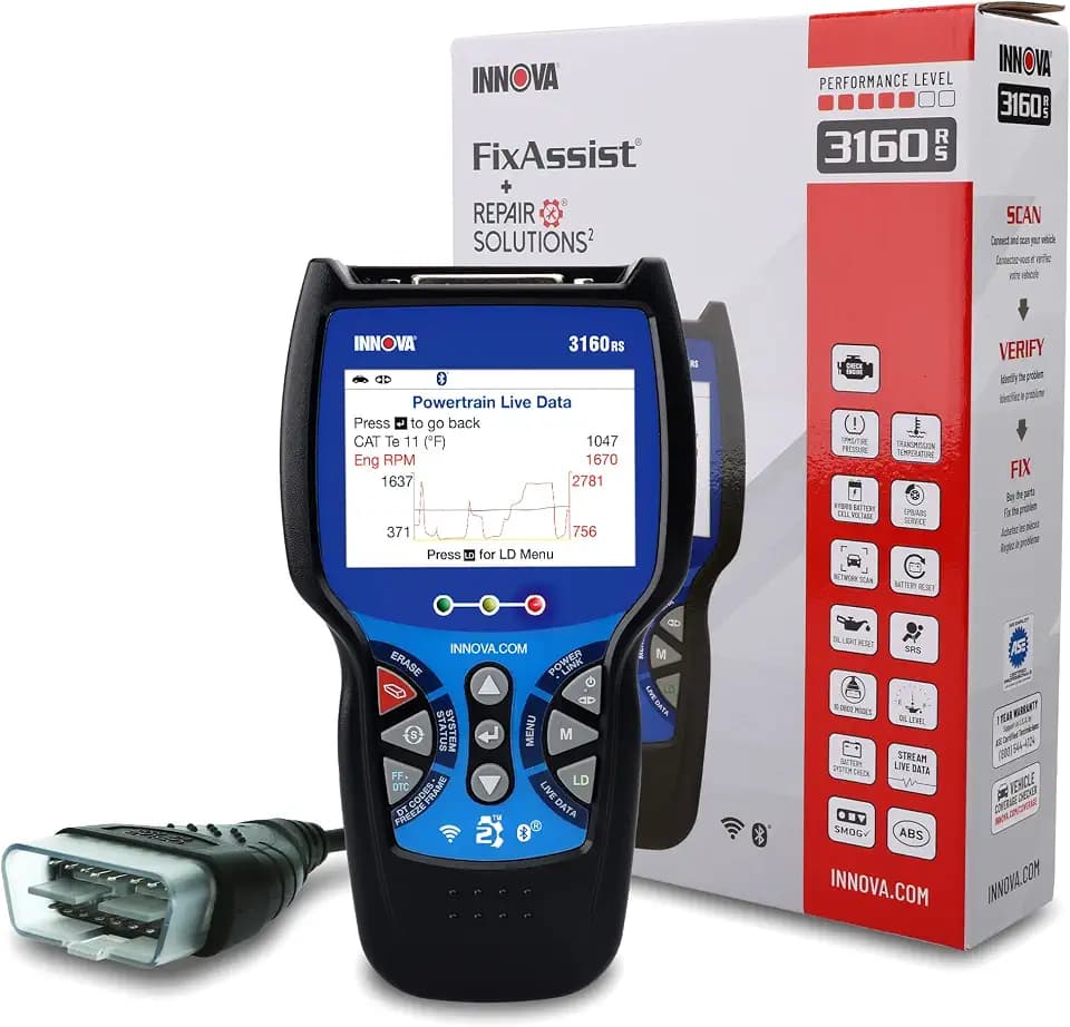 INNOVA 3160RS OBD2 Scanner, ABS Brake Bleeder, ABS SRS Engine Transmission Diagnoses, Clear Trouble Codes, Car Battery Tester & Alternator Tester, Battery Reset, Fix & Parts Recommendations