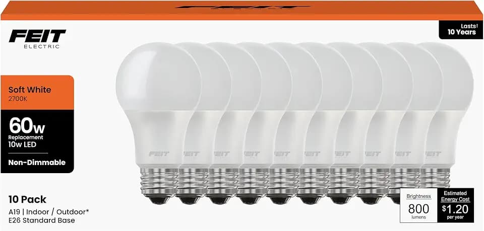 Feit Electric A19 LED Light Bulbs, 60W Equivalent, Non Dimmable, 800 Lumens, E26 Standard Base, 2700k Soft White, 80 CRI, 10 Year Lifetime, Energy Efficient, 10 Pack, A800830/10KLED/10/RP