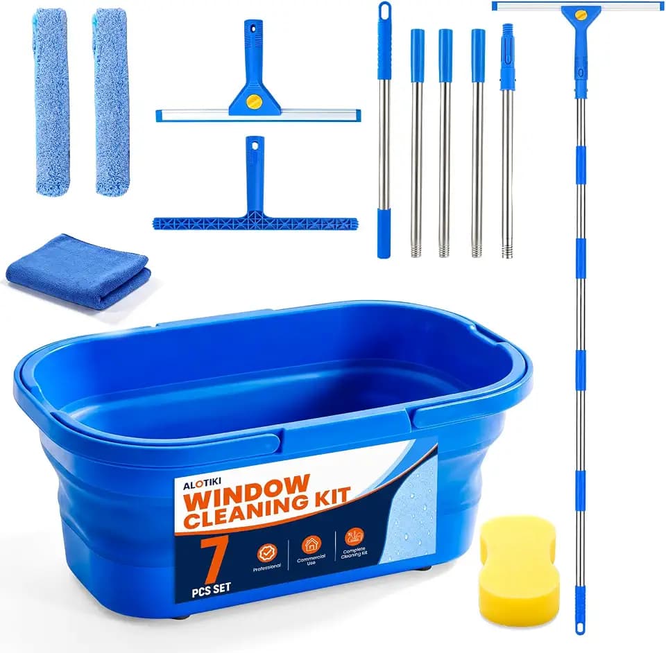 ALOTIKI 7Pcs Window Cleaning Kit with 3Gal Collapsible Bucket & 81"Squeegee