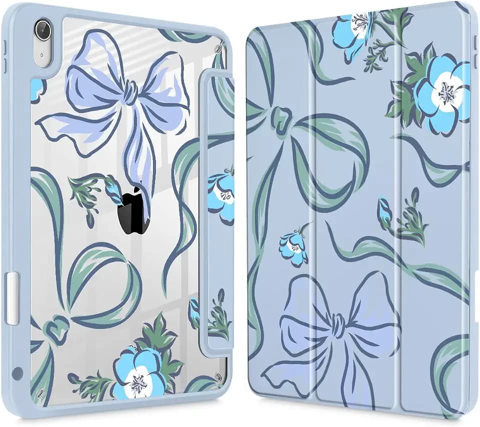 Mektron Case for 2026 iPad Air 13 inch M4 Cover Compatible 2025 iPad Air 13 inch M3 2024 iPad Air 13 inch M2 with Pencil Holder Shockproof Clear Shell, Flowers-Bows-Blue