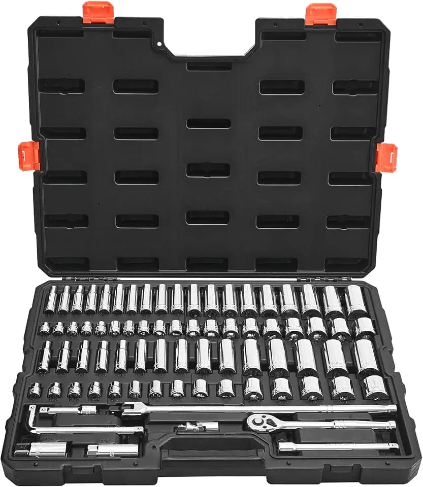 VEVOR Steckschlüsselsatz 76-tlg. 9,5-mm-Antrieb Ratschensatz, SAE und metrisch, tief und flach, Werkzeugsatz mit Zubehör und Aufbewahrungskoffer, CR-V-Legierungsstahl, für Autoreparatur