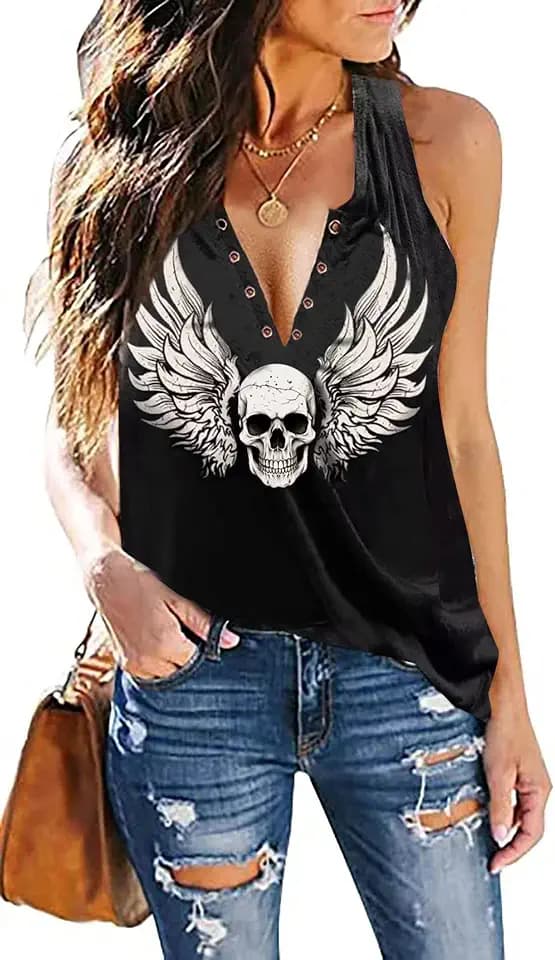 Fensajomon Skull Shirt for Women V Neck Sleeveless Summer Workout Tank Top