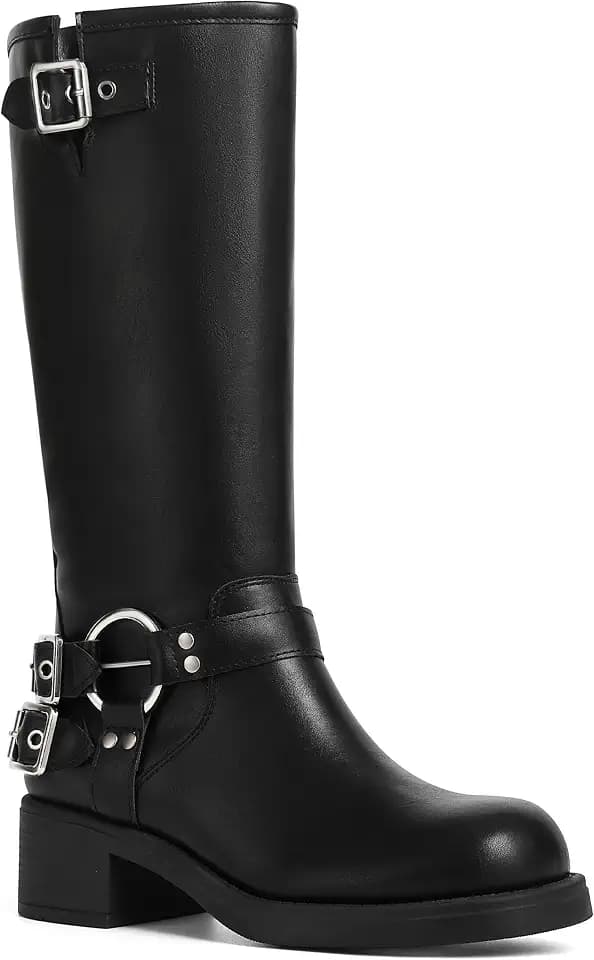 AMINUGAL Knee High Boots Women Moto Biker Buckle Tall Boots
