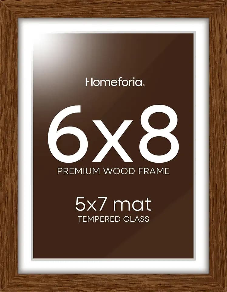 Homeforia 6x8 Brown Oak Picture Frame, High-End Wood, 5x7 Mat, Glass