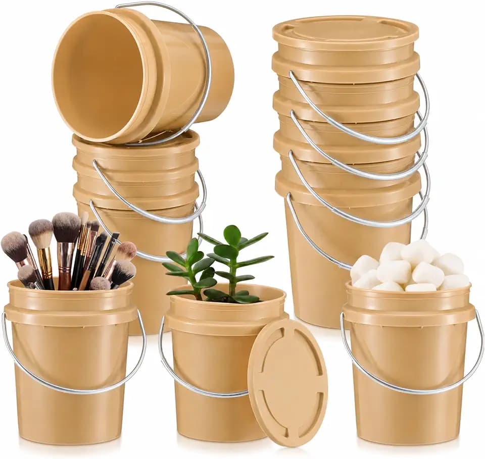 Hushee 12 Pcs Mini Plastic Buckets with Lids, 0.4 Quart, Khaki