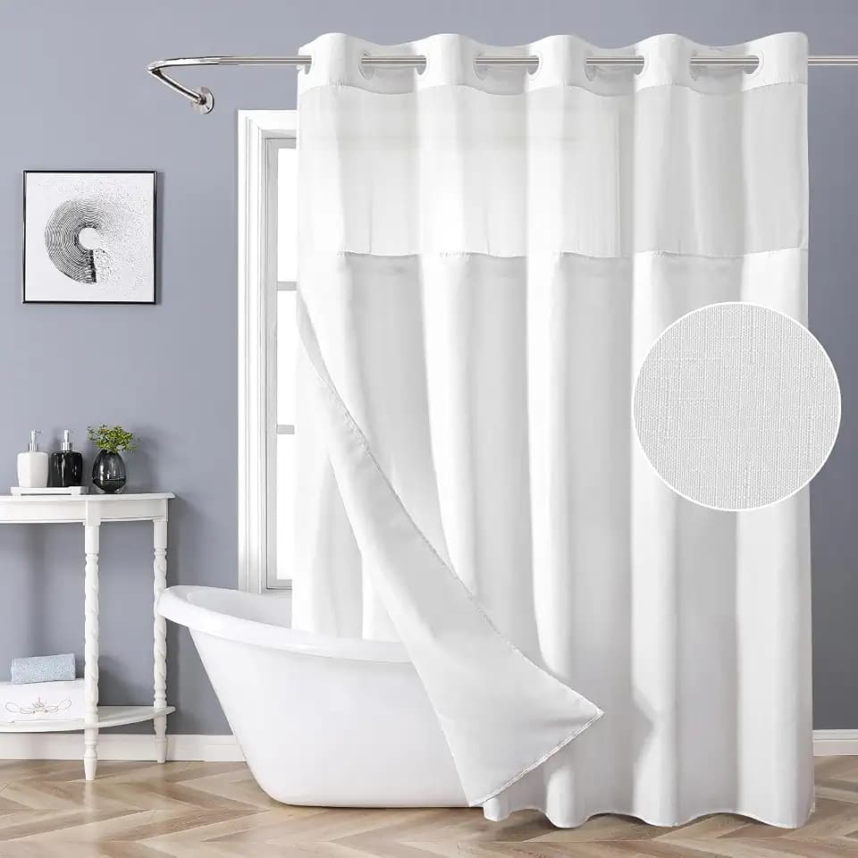 eachope White No Hook Shower Curtain with Snap-in Fabric Liner Set,Slub Textured Fabric Shower Curtains for Bathroom,Hotel Style Modern Shower Curtain,Water Repellent& Washable,71x77(75)